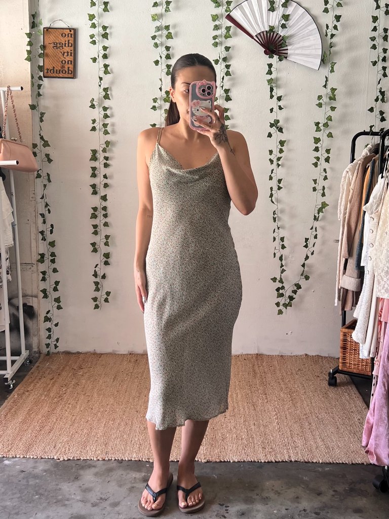 Vintage 90s Gantos Slip Dress With A Soft Sage Green Micro Floral Print